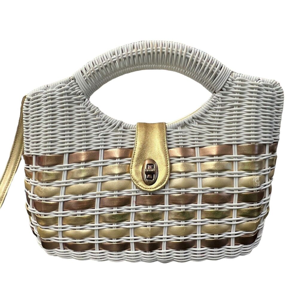 Vintage White Wicker Handbag With Copper & Gold Faux Leather Stripes - Picture 2 of 7